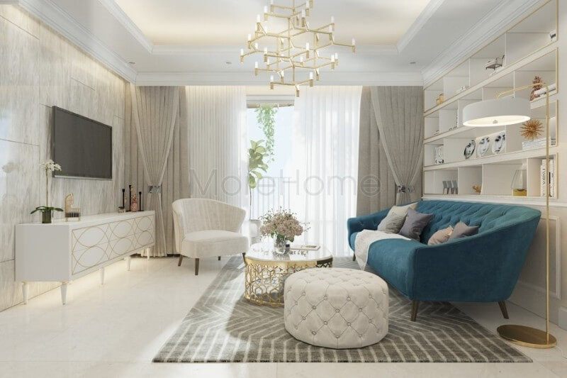 Bộ sofa cao cấp bọc nỉ màu xanh ấn tượng được coi là điểm nhấn sang trọng, tạo sự tươi mới cho không gian phòng khách của gia chủ