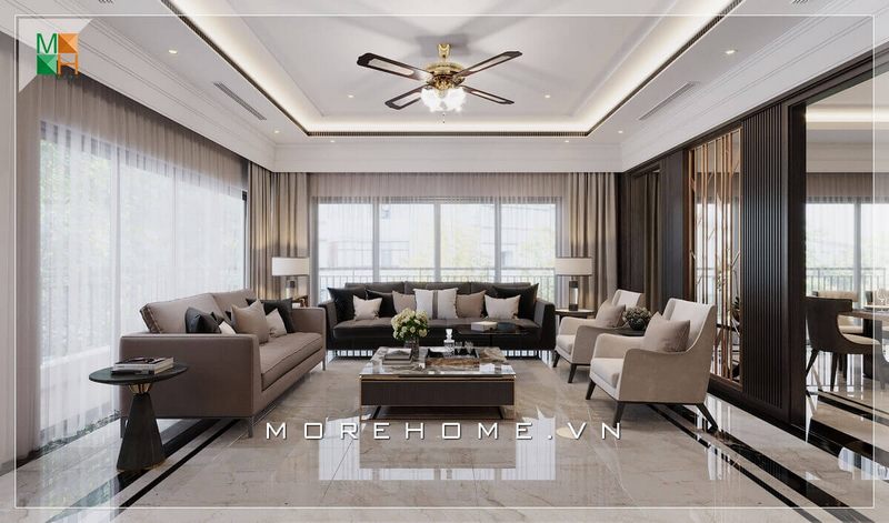 Mỗi một món đồ nội thất, từ bộ sofa gỗ tự nhiên bọc nỉ cao cấp, bàn trà mặt đá kiểu dáng hiện đại đến bàn tap trang trí với thiết kế lạ mắt, kết hợp với ánh sáng tự nhiên từ 2 hệ thống cửa kính ban công, tất cả tạo nên một vẻ đẹp hiện đại sang trọng, cao cấp cho không gian phòng khách này