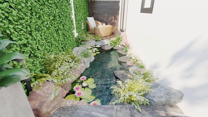 Morehome xin giới thiệu quý vị ý tưởng bố trí tiểu cảnh sân vườn bên hông nhà biệt thự, nhà phố với khoảng diện tích nhỏ để bạn ngồi thư giãn và trước mặt là mặt hồ nước được bố trí giữa 2 lối ra, bạn có thể đi trên mặt hồ dễ dàng qua cách thiết kế sử dụng các phiến đá chìa ra bên cạnh nhà.